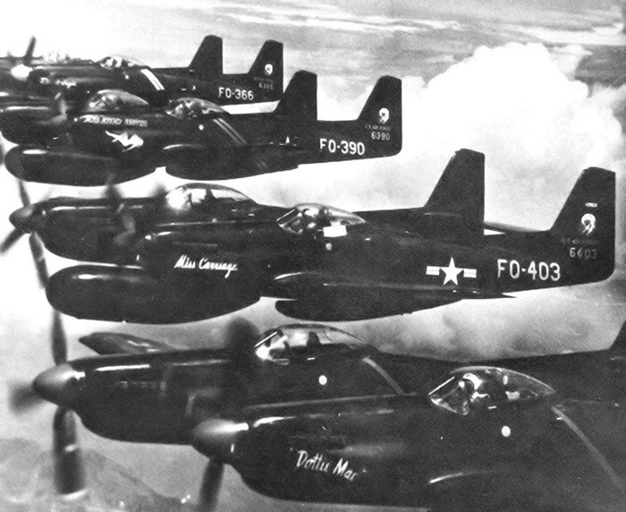 Flight of 339th FS F-82Gs heading to Korea in June 1950.