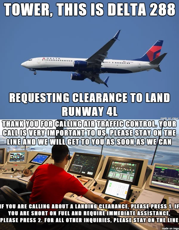 Humorous image showing a Delta airplane flying above and an air traffic controller in a tower with a phone tree style message, illustrating a funny ATC joke about call waiting. This meme captures the essence of humorous pilot-controller conversations.