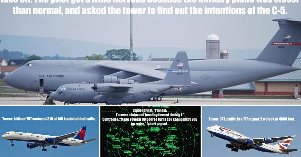 Collage of humorous aviation images, including a large military cargo plane next to a smaller aircraft, a commercial airliner with Delta markings, and an air traffic control radar screen. This image accompanies a collection of funny ATC quotes and pilot jokes.