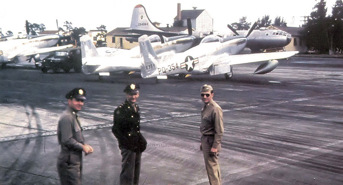 North American F-82E Twin Mustangs, along with a Boeing B-29 Superfortress at Kearney AFB