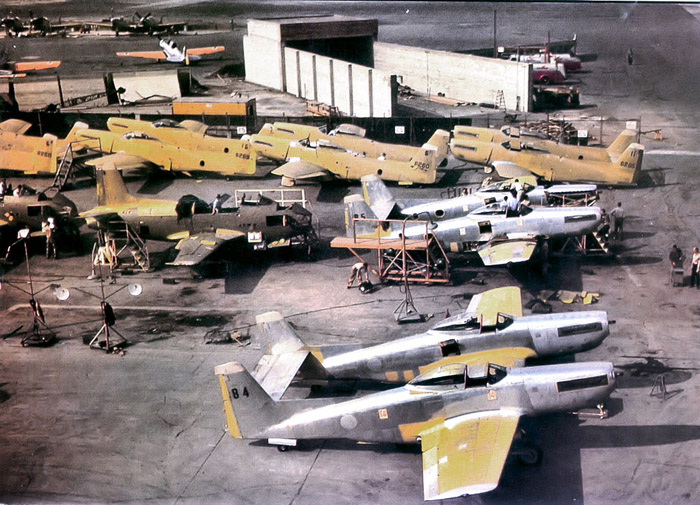 Twin Mustangs and two jet engined FJ-1 Furys in production at North American, 1948.
