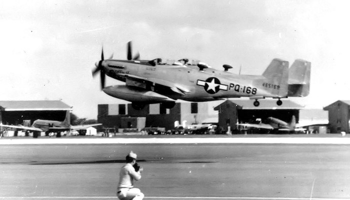 P-82B-NA 44-65168 "Betty Jo" taking off from Hickam Field, Hawaii, 27 February 1947.