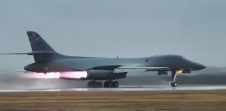 Six B-1 Lancer bombers takeoff with afterburners