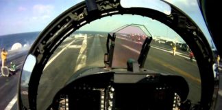U.S. Navy F/A-18 Hornet pilot’s point of view launch from the aircraft carrier