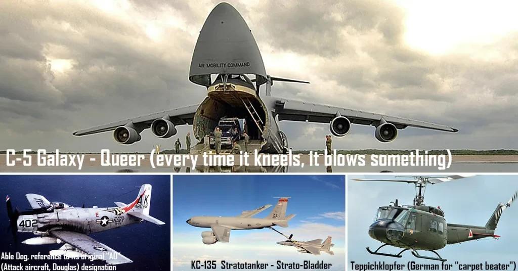 Collage of iconic military aircraft including a C-5 Galaxy, A-1 Skyraider, KC-135 Stratotanker, and UH-1 Huey, illustrating their unofficial and creative nicknames. This image represents the comprehensive collection of aviation nicknames discussed on the page.