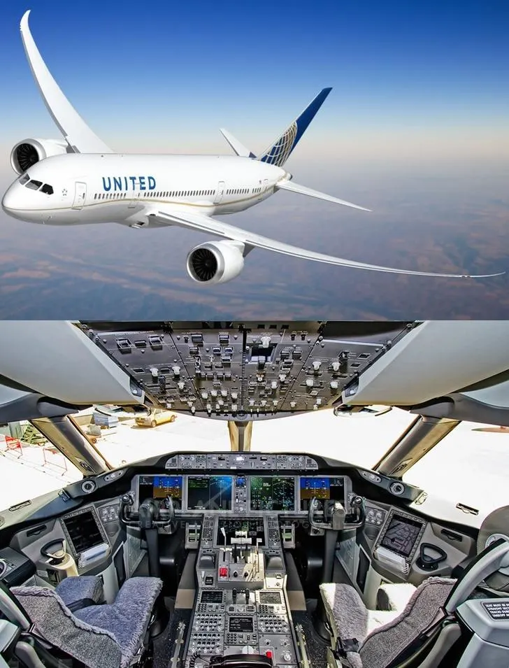 Sleek and highly advanced glass cockpit of the Boeing 787 Dreamliner with large digital displays
