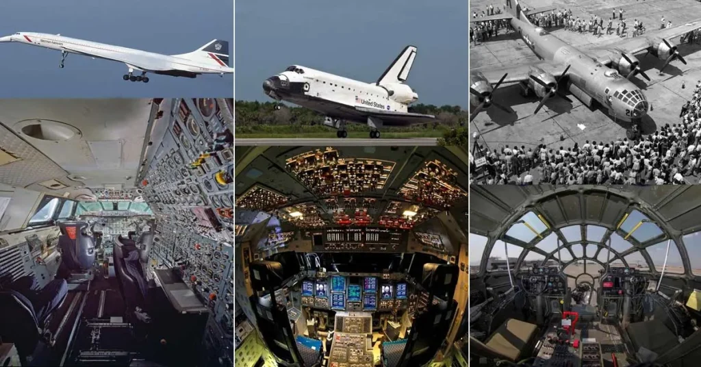 A collage featuring iconic aircraft and their cool cockpits, including Concorde, Space Shuttle Endeavour, and Boeing B-29 Superfortress.