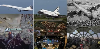 The Coolest Aircraft Cockpits A collage featuring iconic aircraft and their cool cockpits, including Concorde, Space Shuttle Endeavour, and Boeing B-29 Superfortress.