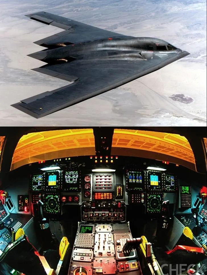 High-tech and futuristic cockpit of the Northrop Grumman B-2 Spirit stealth bomber with digital displays