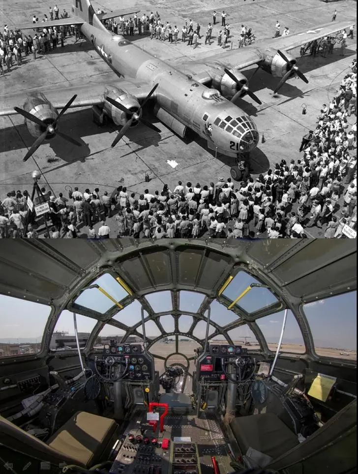 Spacious and detailed view of the Boeing B-29 Superfortress cockpit from the pilot's seat