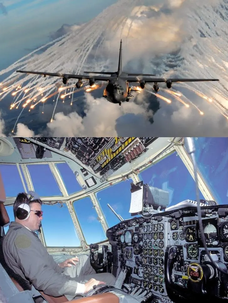 Spacious and functional cockpit of a Lockheed C-130 Hercules with a pilot at the controls