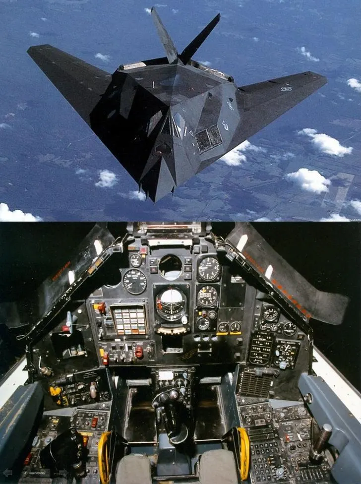 Compact and functional cockpit of the Lockheed F-117 Nighthawk stealth jet with analog gauges