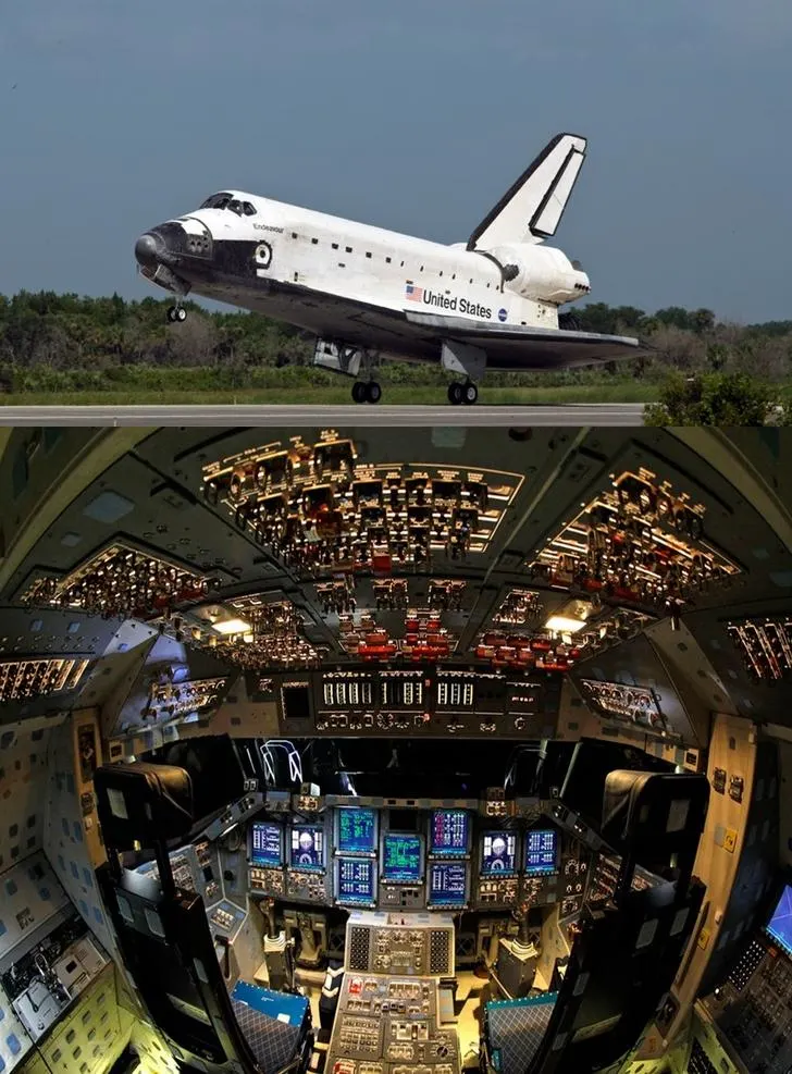 Highly complex and button-filled cockpit of the Space Shuttle Endeavour with numerous controls and displays