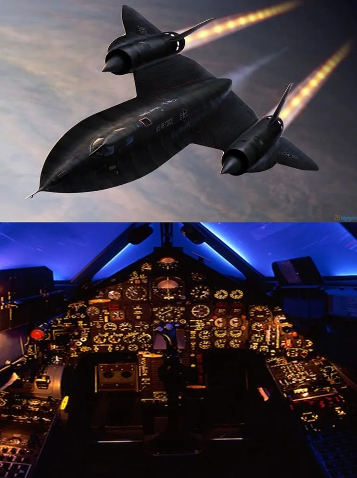 Intricate and illuminated cockpit of the Lockheed SR-71 Blackbird with many dials and switches at night