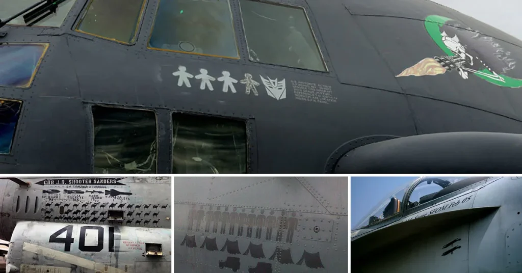 A collection of funny and unusual kill victory markings seen on military aircraft, highlighting humorous pilot stickers and victory decals.