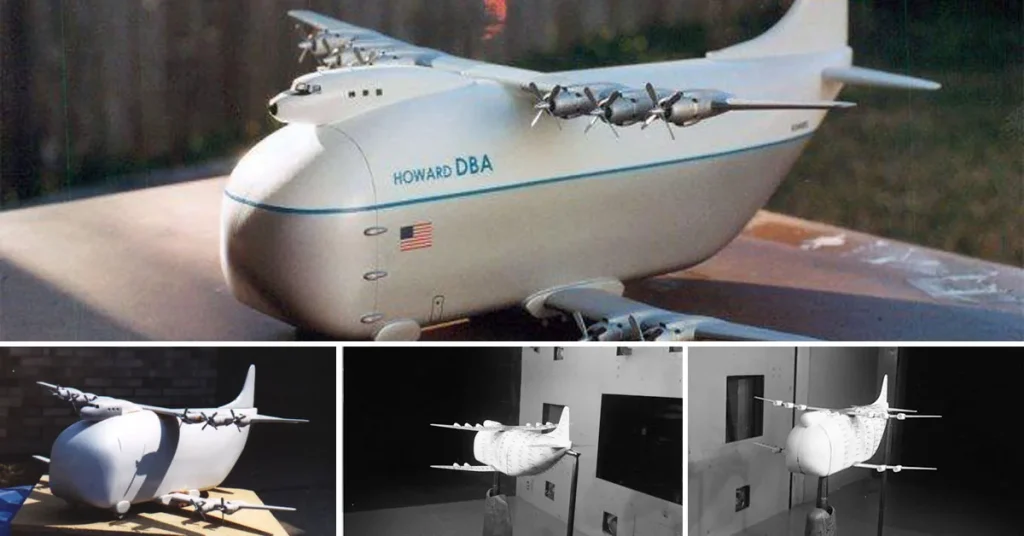 Howard DBA 'Damn Big Airplane' concept, models, and wind tunnel tests for Saturn rocket transport