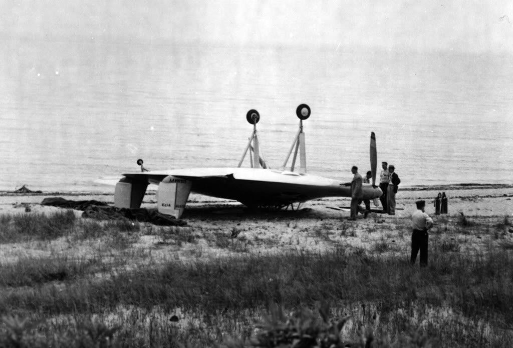 Vought V-173 Flying Pancake emergency landing on a beach