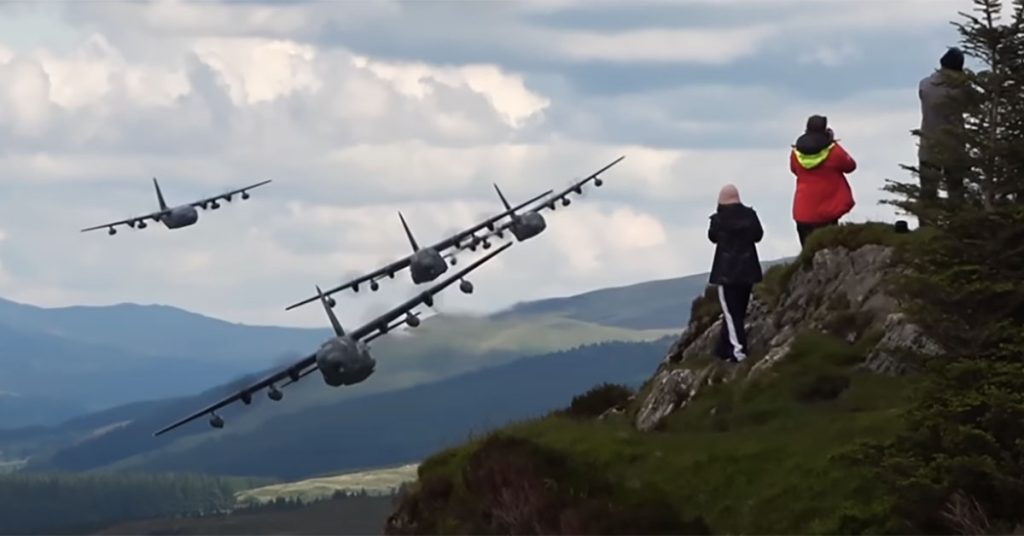 C-130 hercules low-level close formation in the Mach Loop