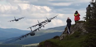 4 X C-130 Hercules low-level close formation in the Mach Loop C-130 hercules low-level close formation in the Mach Loop