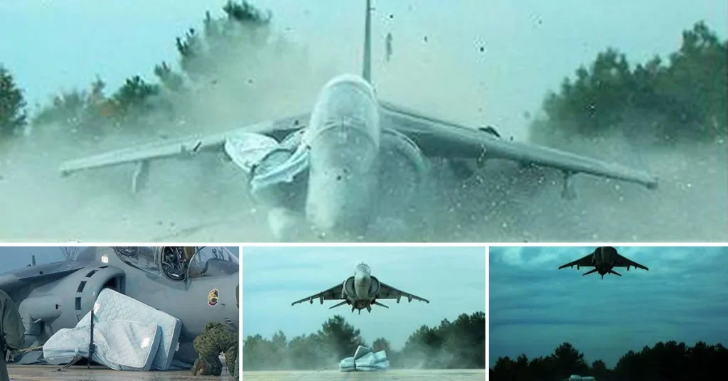 Wheels-Up Harrier Jump Jet Landing On Mattresses