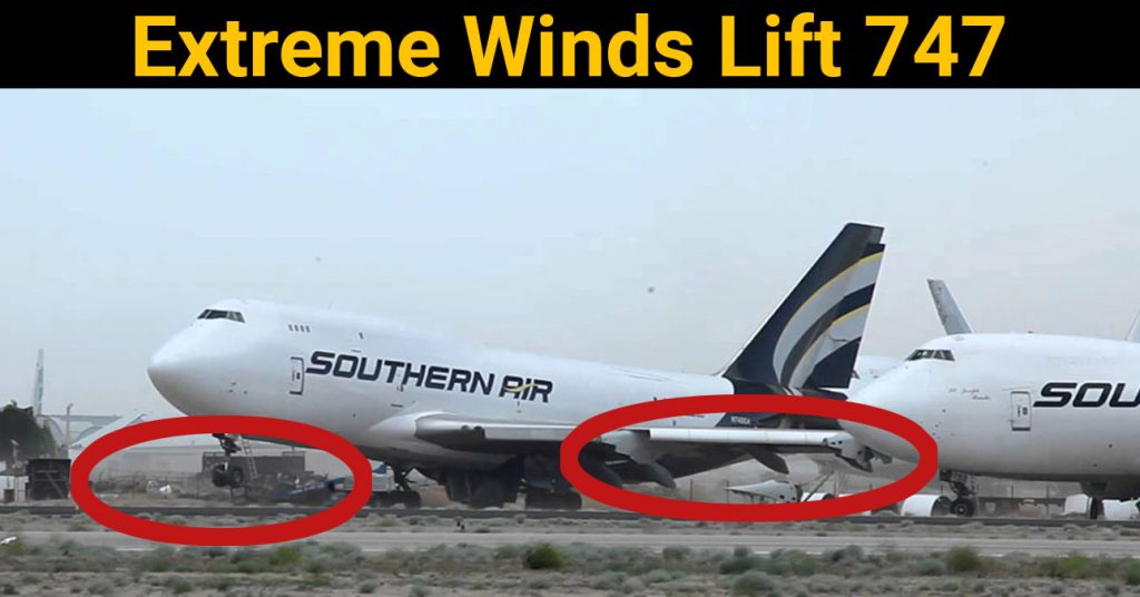 Boeing 747 Jumbo Jet lifting in place in extreme wind conditions in a Mojave Boneyard