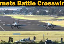 F/A-18 Hornets – 30-40 knot Cross Wind Take-Off F/A-18 Hornets - 30-40 knot Cross Wind Take-Off