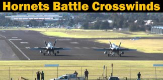 F/A-18 Hornets – 30-40 knot Cross Wind Take-Off F/A-18 Hornets - 30-40 knot Cross Wind Take-Off