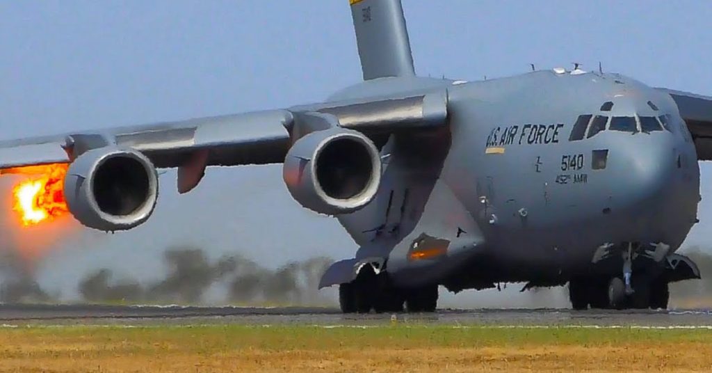 USAF C-17 Globemaster III ingests a bird during takeoff run