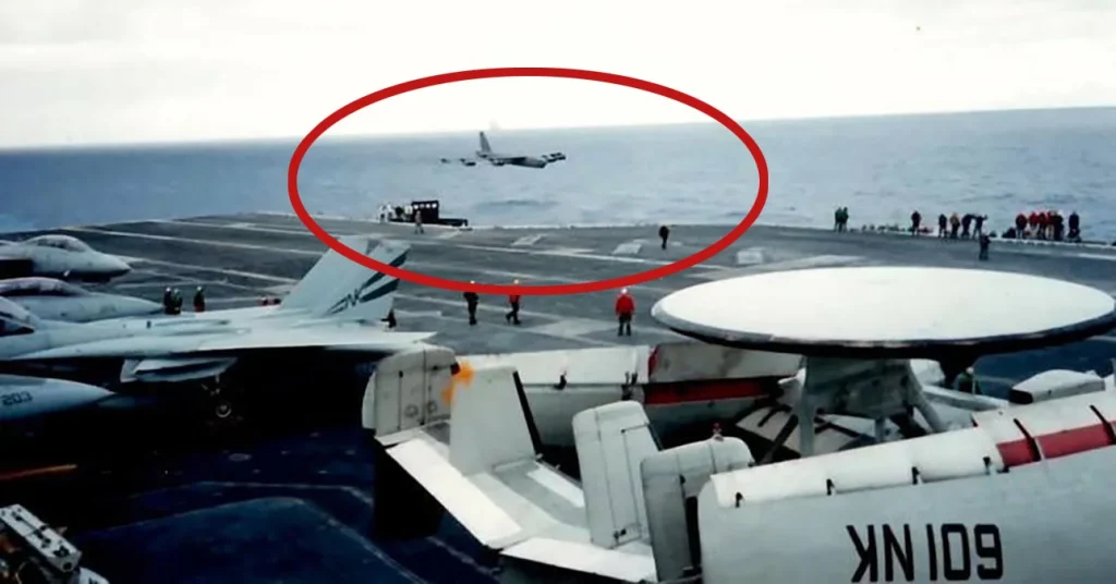 USAF B-52 below deck of an aircraft carrier