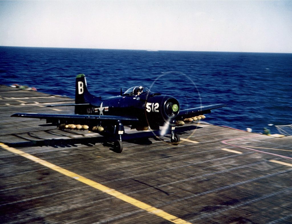AD-4 Skyraider taking off from USS Princeton during the Korean War