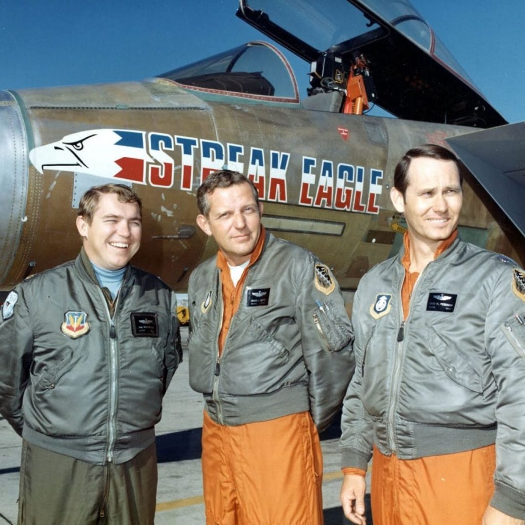 F-15 Streak Eagle pilots, from left: Major W. R. Macfarlane, Major Roger Smith and Major Dave Peterson