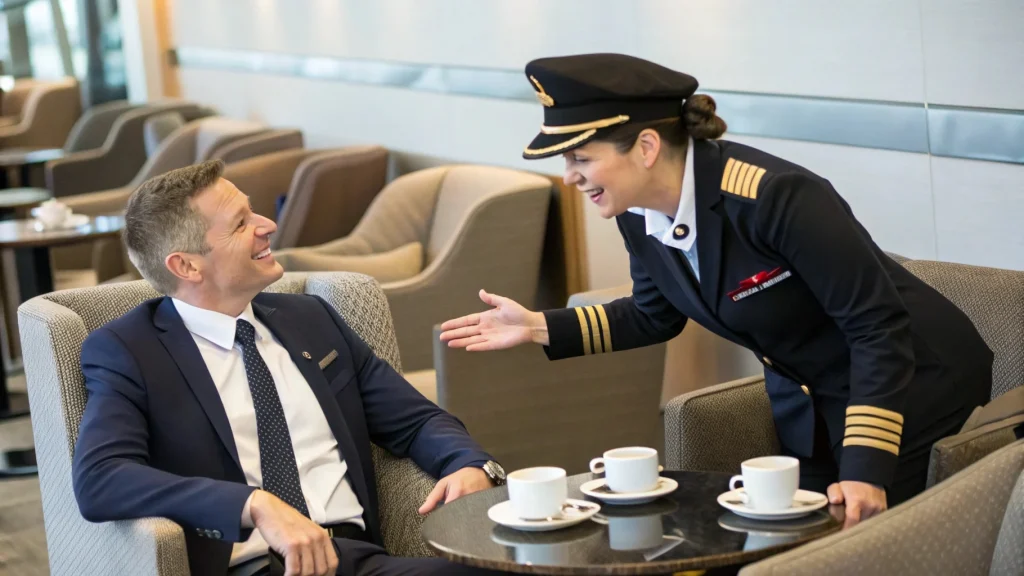 Female pilot in uniform laughing and talking with a man in an airport lounge, suggesting a lighthearted interaction or pilot pickup lines scenario.