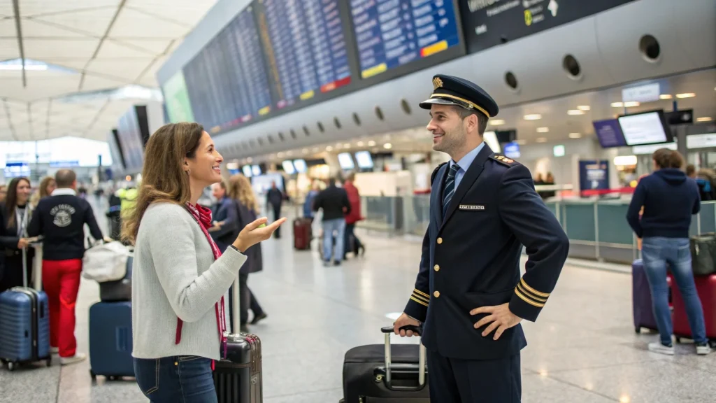 Male pilot in uniform smiling and talking with a female traveler in a busy airport terminal, with departure boards in the background, suggesting a friendly conversation or a pilot pickup line scenario