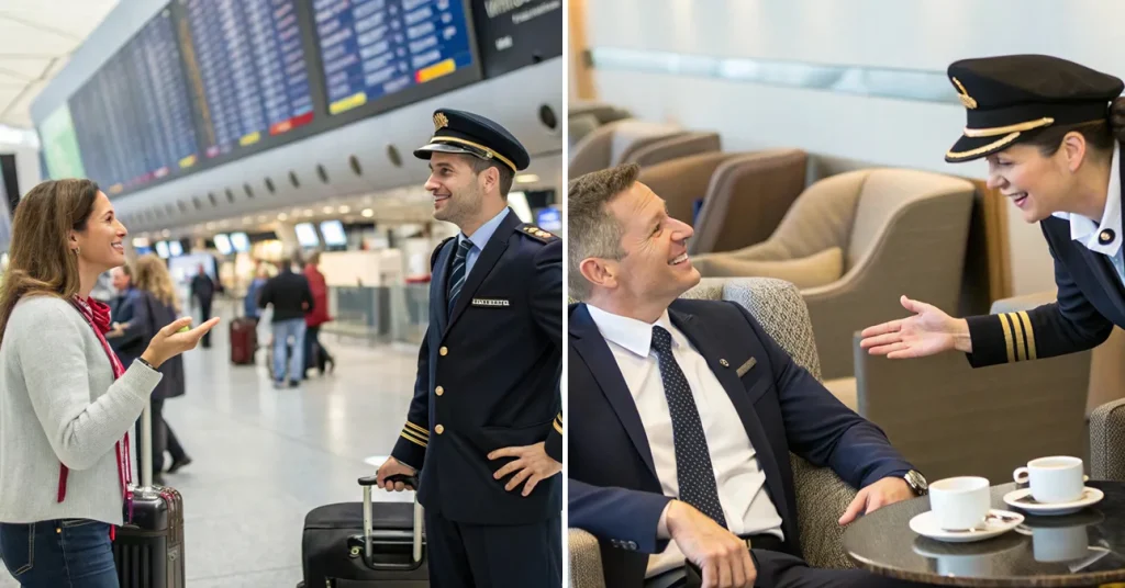Split image showing a male pilot talking to a female traveler in an airport terminal (left) and a female pilot laughing with a male traveler in an airport lounge (right), depicting a pilot pickup line scenario