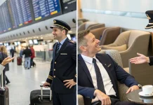 The Best Pilot Pickup Lines (Use at Your Own Risk!) Split image showing a male pilot talking to a female traveler in an airport terminal (left) and a female pilot laughing with a male traveler in an airport lounge (right), depicting a pilot pickup line scenario