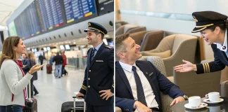 The Best Pilot Pickup Lines (Use at Your Own Risk!) Split image showing a male pilot talking to a female traveler in an airport terminal (left) and a female pilot laughing with a male traveler in an airport lounge (right), depicting a pilot pickup line scenario
