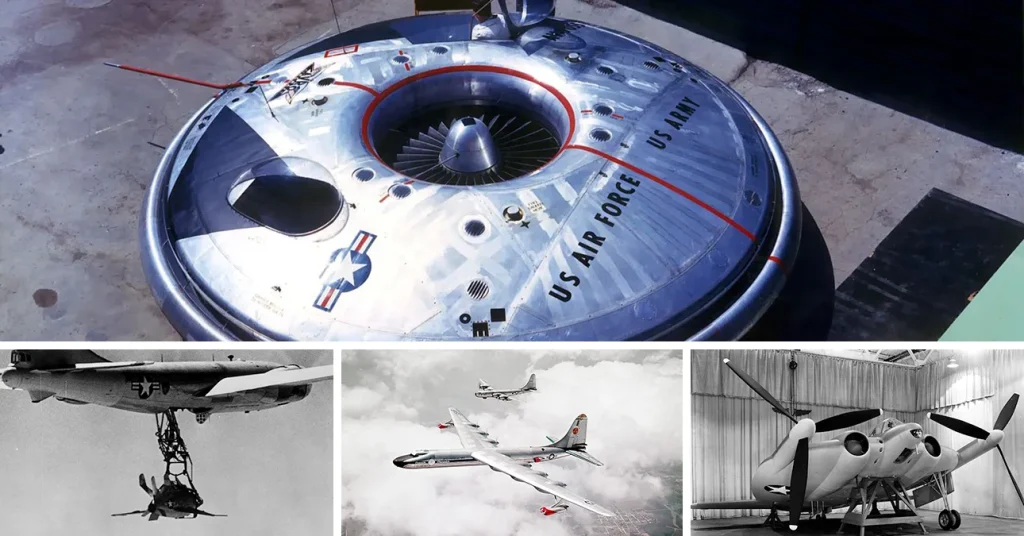 A collage featuring several crazy aircraft concepts that never flew operationally, including the disc-shaped Avrocar, the XF-85 Goblin parasite fighter, the nuclear-powered NB-36H bomber, and the Vought XF5U "Flying Pancake" mockup.