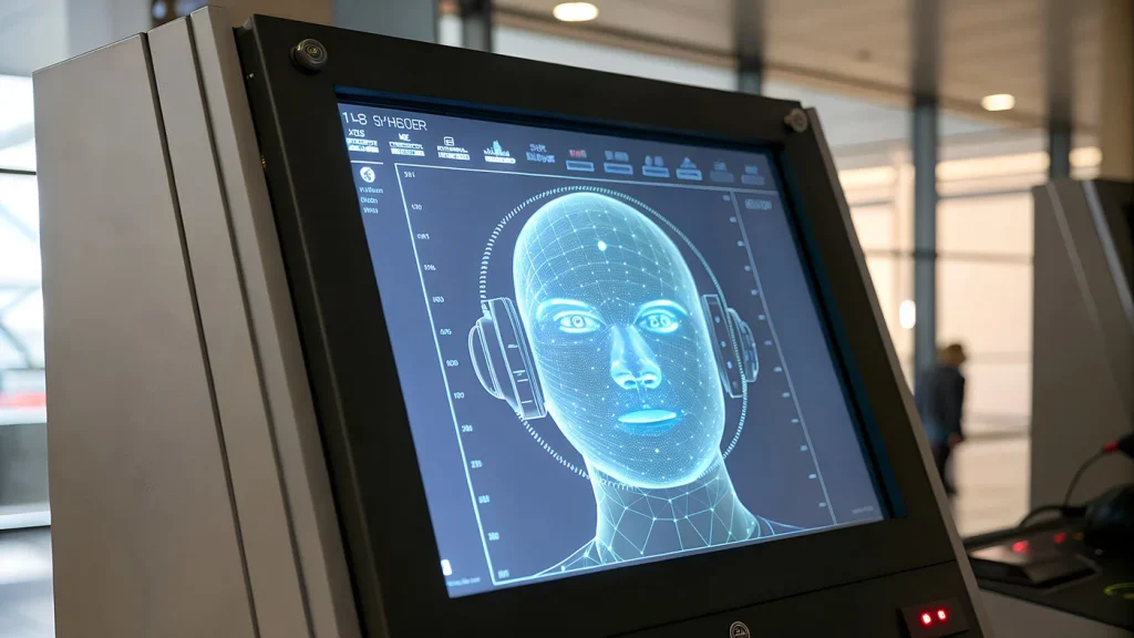Futuristic AI air traffic controller screen showing complex flight data and optimized routes in real-time.