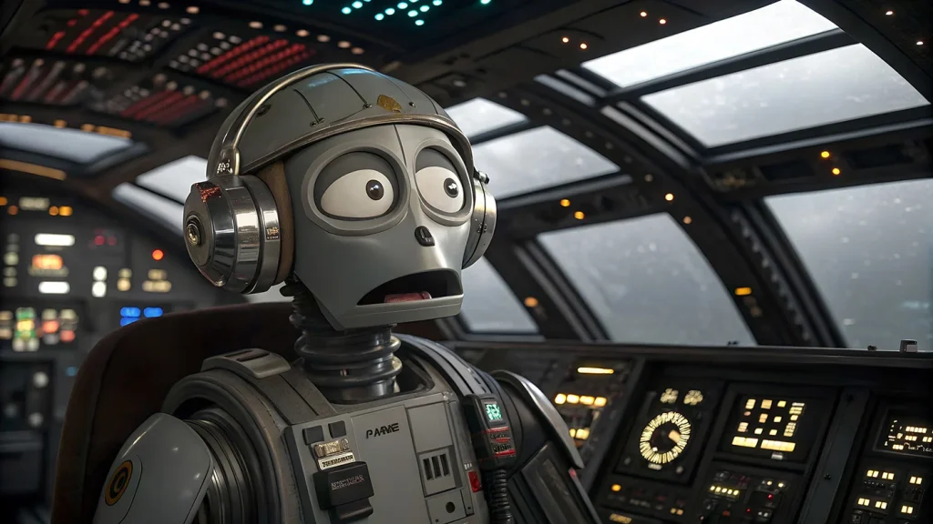 A sophisticated AI robot with robotic limbs and a screen face in the pilot's seat of a modern aircraft, demonstrating autonomous flight technology.