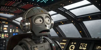 AI in the Cockpit: A Hilarious (and Slightly Terrifying) Look at Automated Aviation AI A sophisticated AI robot with robotic limbs and a screen face in the pilot's seat of a modern aircraft, demonstrating autonomous flight technology.