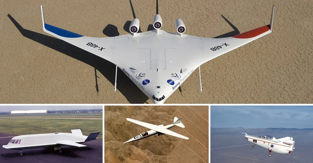 A collage showcasing four experimental aircraft with futuristic designs: the Boeing X-48 blended wing body (top), the Northrop Tacit Blue stealth demonstrator (bottom left), the NASA AD-1 oblique wing (bottom middle), and the NASA M2-F1 lifting body (bottom right), highlighting their sci-fi appearance.