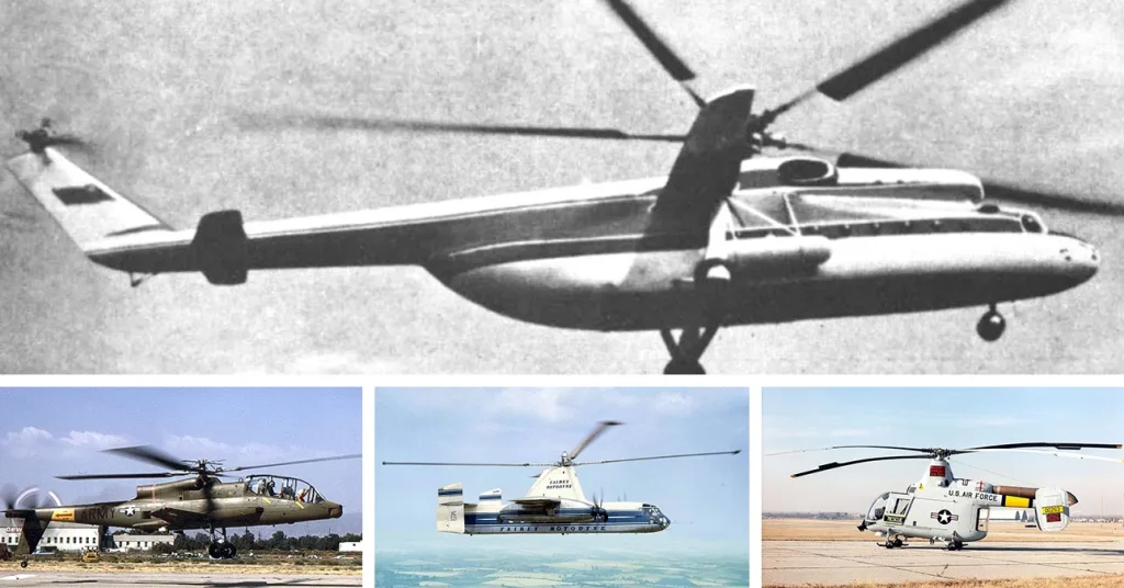 A composite image showcasing four helicopters discussed as some of the worst ever built: the Mil Mi-6 "Hook" (top), the Bell AH-56 Cheyenne (bottom left), the Fairey Rotodyne (bottom center), and the Kaman HH-43B Huskie (bottom right).