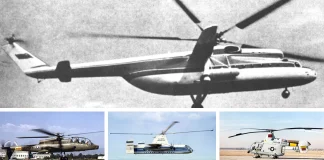 Top 5 Worst Helicopters Ever Built A composite image showcasing four helicopters discussed as some of the worst ever built: the Mil Mi-6 "Hook" (top), the Bell AH-56 Cheyenne (bottom left), the Fairey Rotodyne (bottom center), and the Kaman HH-43B Huskie (bottom right).
